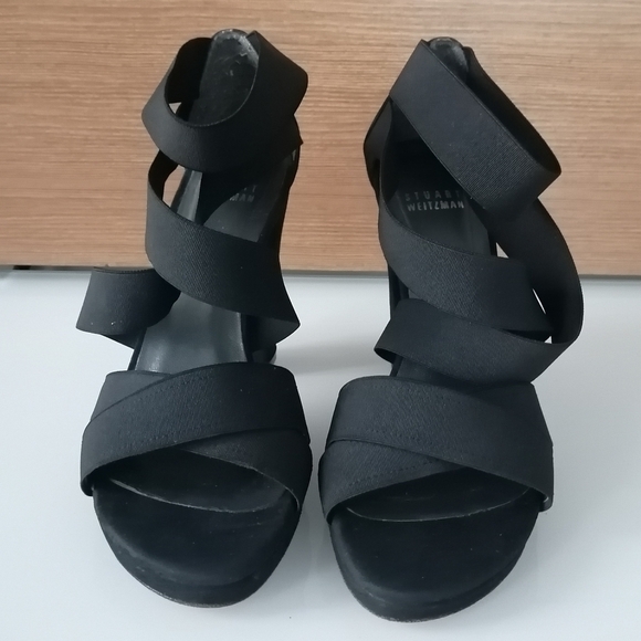 Stuart Weitzman Black Suede Elastic Criss Cross Strap Block Heel Sandals 5.5 - Picture 6 of 17